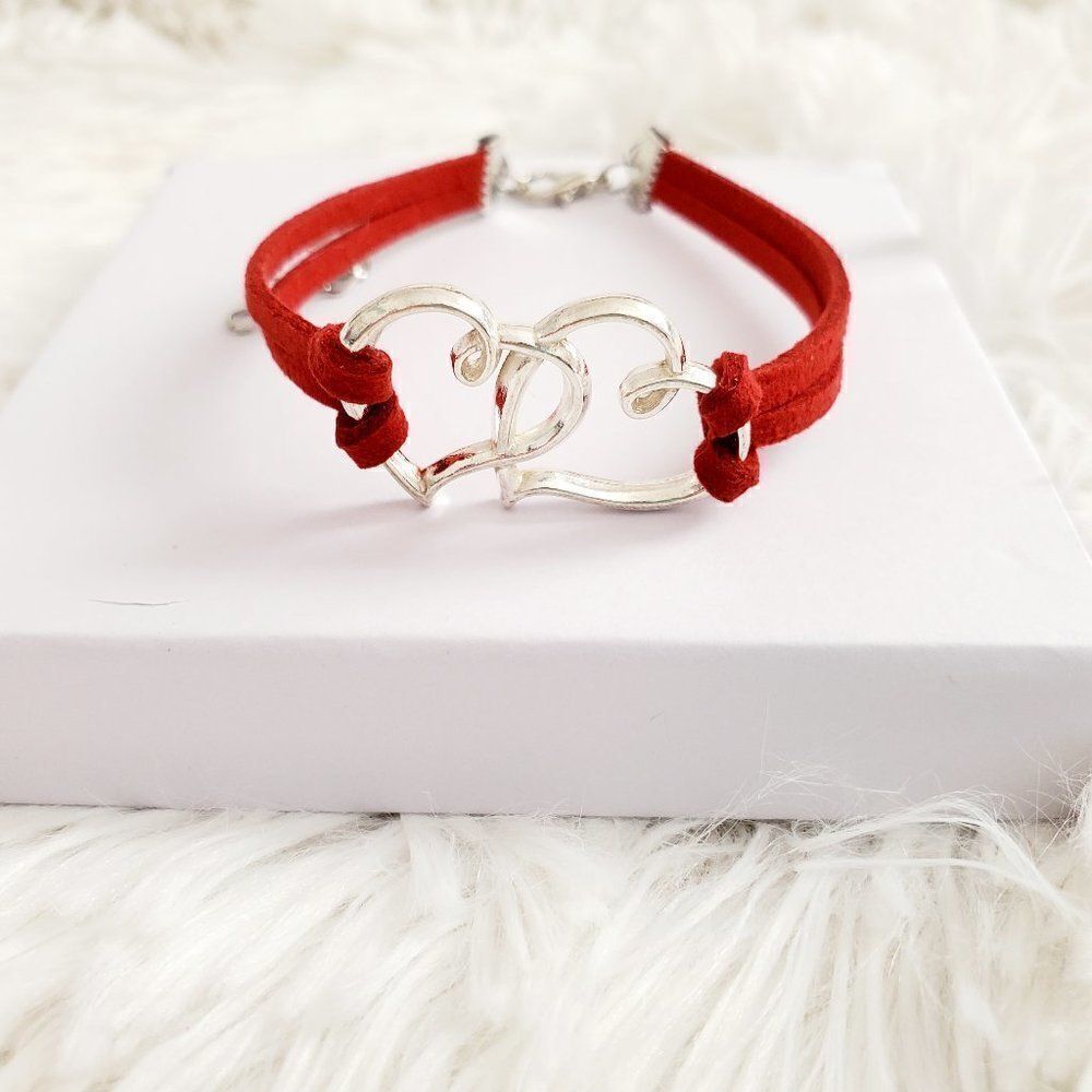 Red Leather Double Heart Adjustable Valentine's Day Bracelet